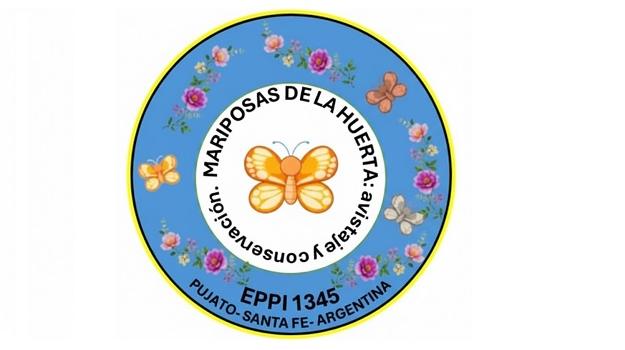The students incorporated the project title, the school's full name, town, province, and country into the logo. A butterfly in the center represents the work done, surrounded by butterflies with flowers, symbolizing their relationship to host and nectar-producing plants. The logo is set against a light blue background, representing the atmosphere, whose variables are included in the study.
