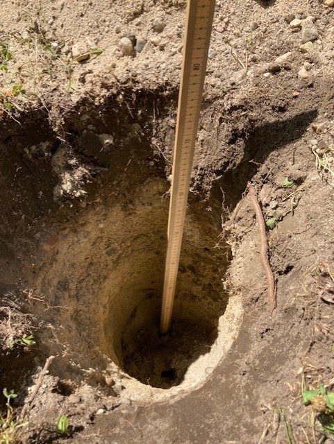 a measuring stick is placed in a hole dug into the ground that shows the soil horizons, different colors of soils at different depths