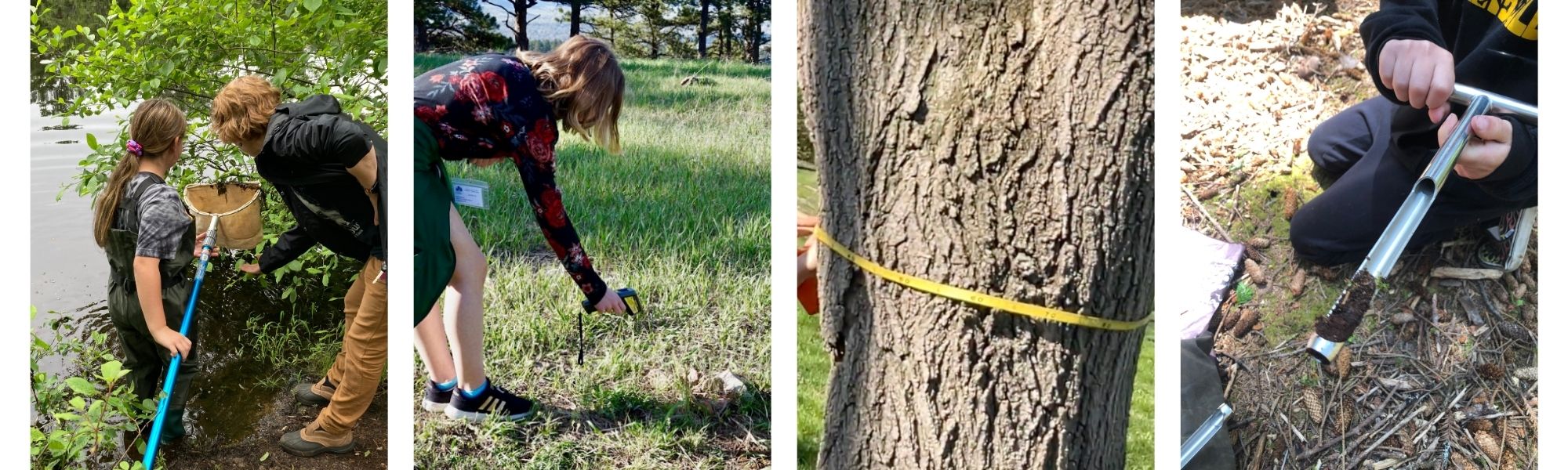 four images in a banner show four pieces of GLOBE equipment, including a D-net, infrared thermometer, measuring tape, and soil auger