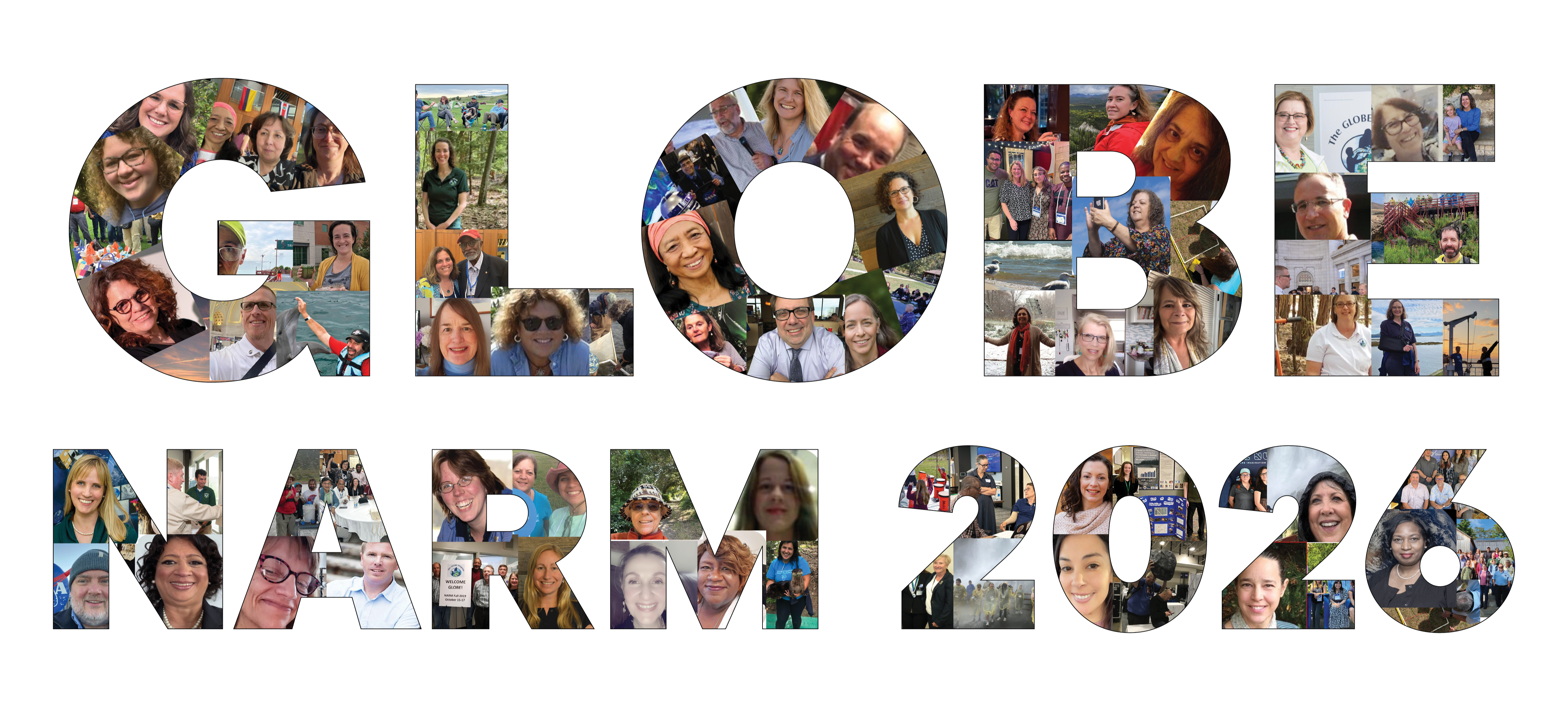 a photo mosaic with images of GLOBE partners, arranged to spell GLOBE NARM 2026